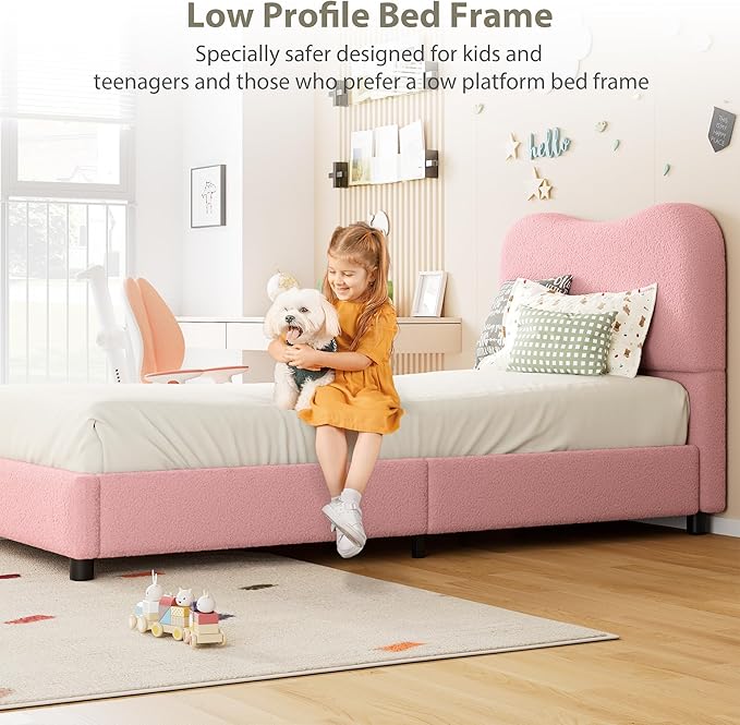 Boucle Twin Bed Frame for Kids with Upholstered Headboard, Low Profile Sturdy Platform Bed with Soft Boucle Fabric for Girls and Boys, Heavy Duty, Wooden Slats, Noise Free, No Box Spring Needed, Pink
