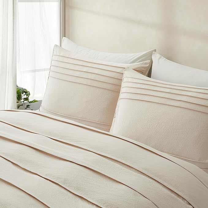 Oli Anderson Light Khaki Duvet Cover King Size - Pleated King Duvet Cover, 3PCS Soft and Breathable Textured Bedding Set with Zipper Closure(Light Khaki,104"x90")