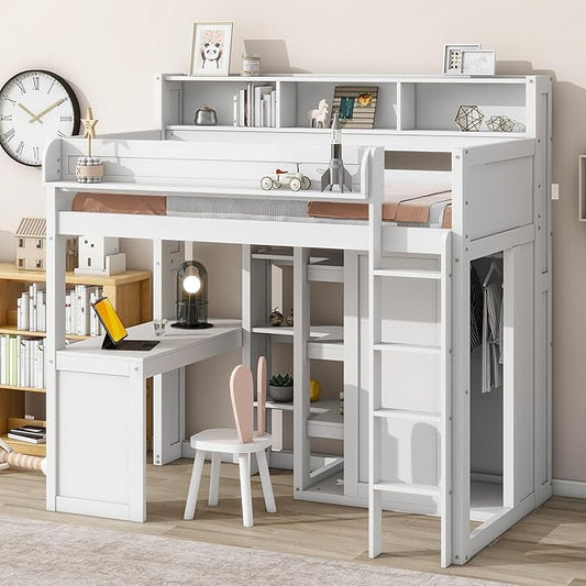 Twin Loft Bed with Storage Shelves and Under-Bed Desk, Wooden Bed Frames with Wardrobe and 3 Cabinets, White