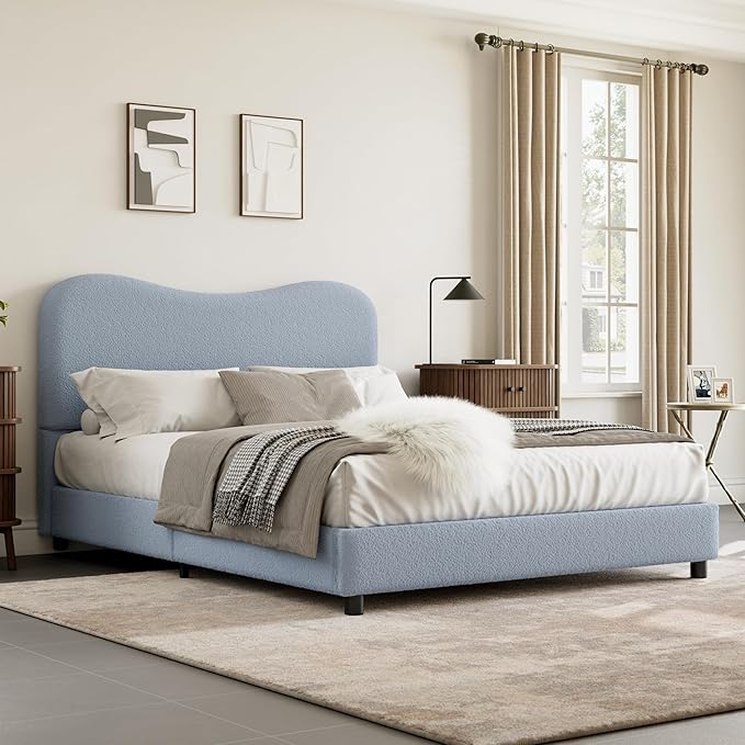 GarveeHome Boucle Queen Bed Frame with Upholstered Headboard, Soft Low Profile Sturdy Platform Bed with Rounded Corners Design, Heavy Duty, Wooden Slats, Noise Free, No Box Spring Needed, Blue