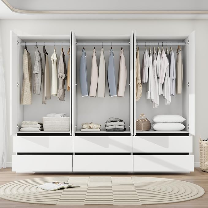 Armoire Wardrobe Closet with Drawers：75" Large White Wardrobe Closet Cabinet with 6 Doors for Hanging Clothes, Modern Wooden Bedroom Armoires with 6 Drawers and Storage (A+A+A, 94.5")