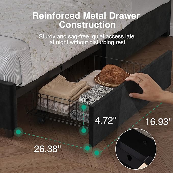 Novilla Full Size Bed Frame with Headboard, Full Size Bed Frame with Drawers, Full Bed Frame with LED Lights, Charging Station and Adjustable Headboard, No Box Spring Needed, Black Velvet