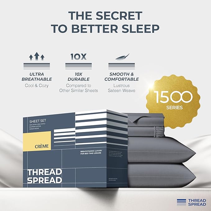 THREAD SPREAD 100% Egyptian Cotton King Size Sheets Set - Luxury 1500 Series Egyptian Cotton Sheets King Size (4 PC, Dark Grey), Silky Soft, Sateen Weave, Cooling & Breathable, 17" Deep Pocket Bed Set