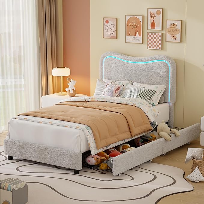 GarveeHome Upholstered LED Twin Bed Frames for Kids with 2 Drawers and Headboard, Cute Twin Bed with Storage for Girls, Boys, Sturdy Platform Bed, No Box Spring Needed, Wooden Slats, Noise Free, Grey