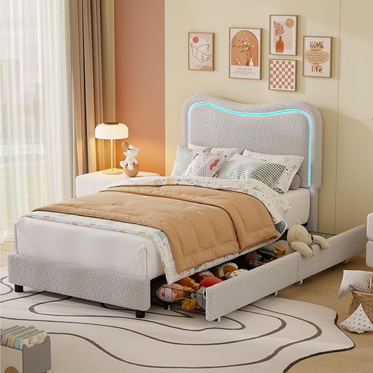 GarveeHome Upholstered LED Twin Bed Frames for Kids with 2 Drawers and Headboard, Cute Twin Bed with Storage for Girls, Boys, Sturdy Platform Bed, No Box Spring Needed, Wooden Slats, Noise Free, Grey