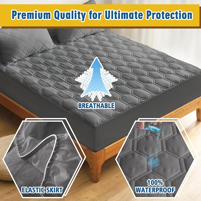 Waterproof Mattress Pad Queen Size, Breathable Mattress Protector with 6-18” Deep Pocket, Gray