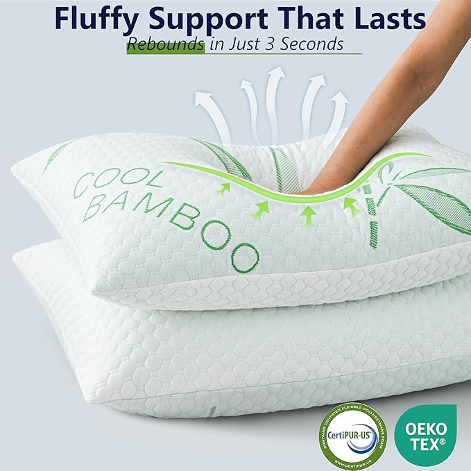 Memory Foam Pillows, Cooling Pillows Queen Size Set of 2 Adjustable Firm Bamboo Bed Pillows for Hot, Side, Back and Stomach Sleepers