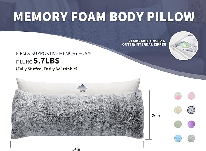 Fluffy Silk Full Body Pillow for Adults 20x54 Satin Body Pillow Cover Pillowcase with Memory Foam for Bed Grey Pregnancy Cuddle Snuggles Body Pillows for Sleeping Side Sleeper Pillows for Adults