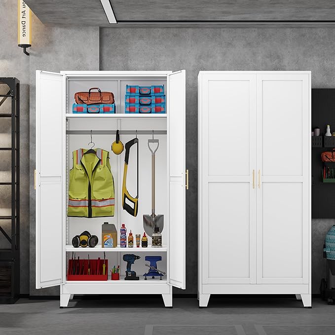 Metal Armoire Wardrobe Closet with Hanging Rod, Clothing Storage Cabinet with Adjustable Shelves for Laundry Room, Bedroom, Home Office, Bathroom, 71" White