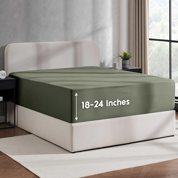 Nestl Olive Green Extra Deep Pocket King Fitted Sheet Only, Hotel Luxury King Size Fitted Sheets Easily Fits 18 to 24 Inch Mattress, Super Soft, Wrinkle-Free, and Breathable Sheets with Corner Straps