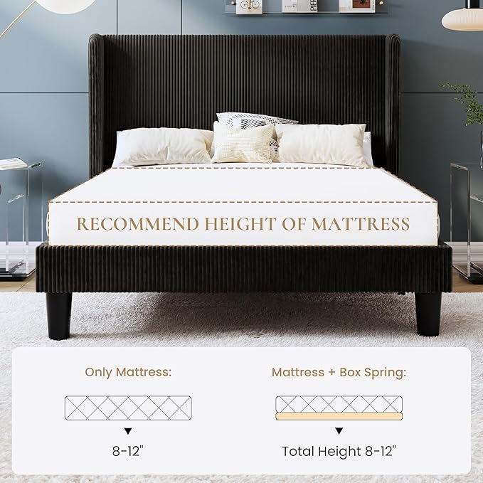 SHA CERLIN Full Size Corduroy Upholstered Platform Bed Frame with Vertical Channel Tufted Wingback Headboard, 8" Under Bed Storage, Wooden Slats & Metal Frame Support, Easy Assembly, Black