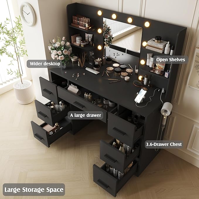 YESHOMY Vanity Desk with Mirror, Power Outlet and 10 Lights, Makeup Table with 7 Drawers, 3 Color Modes Available for Bedroom, Black