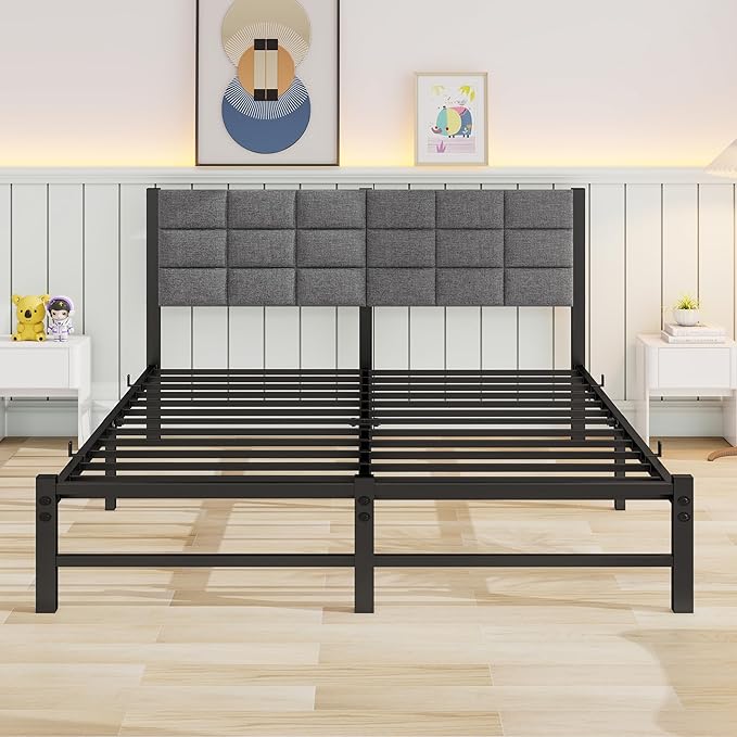Full Size Bed Frame with Headboard,Metal Full Bed Frame with Under Bed Storage,No Box Spring Needed,Easy Assembly,Grey