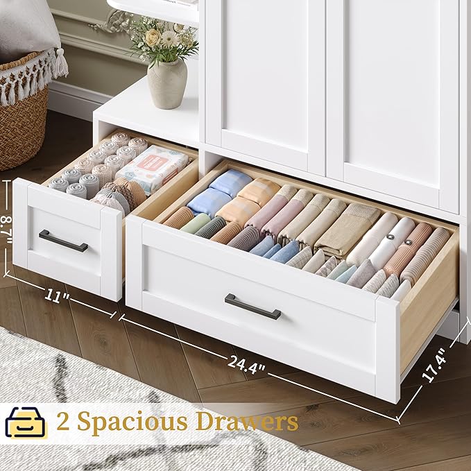 DynJest Armoire Wardrobe Closet with 2 Drawers, 70" Tall Clothing Storage Cabinet with Hanging Rod, 3 Open Shelves & 5 Hooks, 2 Doors Large Capacity Wooden Cabinet for Bedroom, White