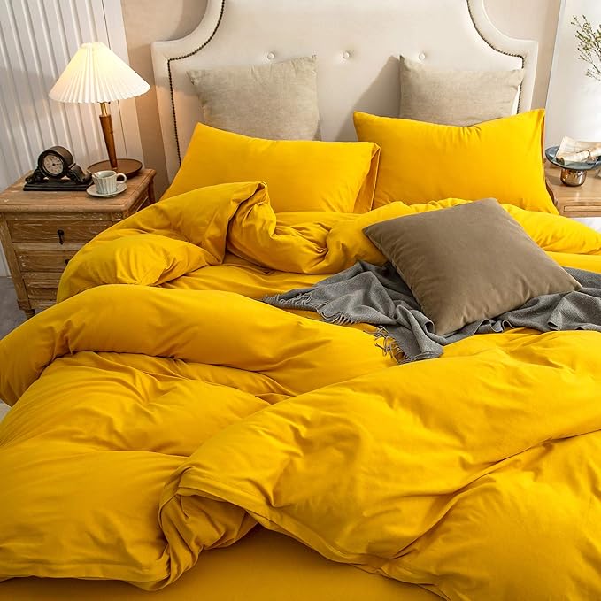 PURE ERA Jersey Knit Duvet Cover Set 100% T-Shirt Cotton Super Soft Comfy 3pc Bedding Set with Zipper Closure (Solid Yellow, King)