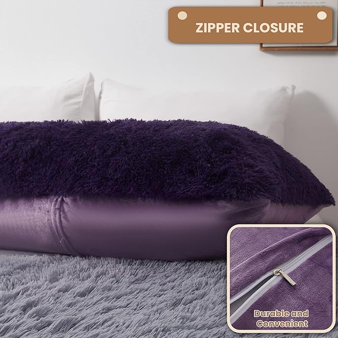 MEGO Shaggy Plush Body Pillow Cover, Faux Fur Fluffy Body Pillowcase, 20x54 Boho Fuzzy Body Pillow Case, Furry Long Big Throw Pillow Sham with Zipper for Home Bedding Couch Living Room Deep Purple