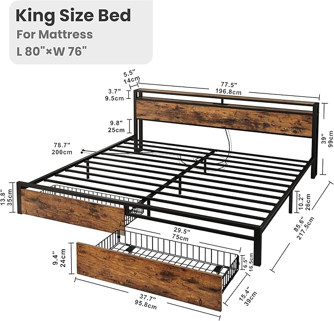 LIKIMIO King Size Bed Frame with Storage Headboard, Platform King Bed with 2 Drawers and Charging Station, Heavy-Duty Metal Slats, No Box Spring Needed, Easy Assembly, Retro Brown