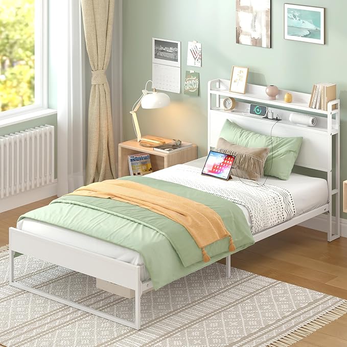 Elephance Twin Bed Frames with Charging Station and Storage Headboard, No Box Spring Needed, Noise Free, Easy Assembly