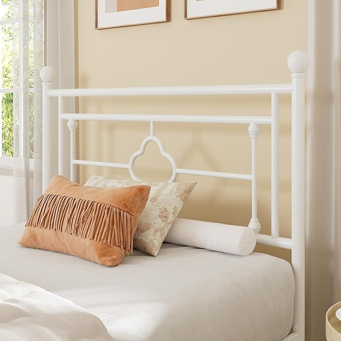 Allewie Twin Size Metal Platform Bed Frame with Victorian Vintage Headboard and Footboard/Mattress Foundation/Under Bed Storage/No Box Spring Needed/Noise-Free/Easy Assembly, White
