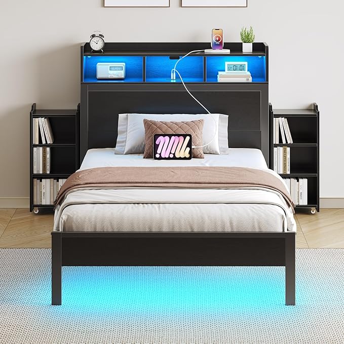 Rolanstar Twin Bed Frame with Bookcase Storage Headboard, Slide Out Bedside Storage, Bed with Charging Station & LED Lights, Heavy Duty Metal Slats, No Box Spring Needed, Noise Free, Black