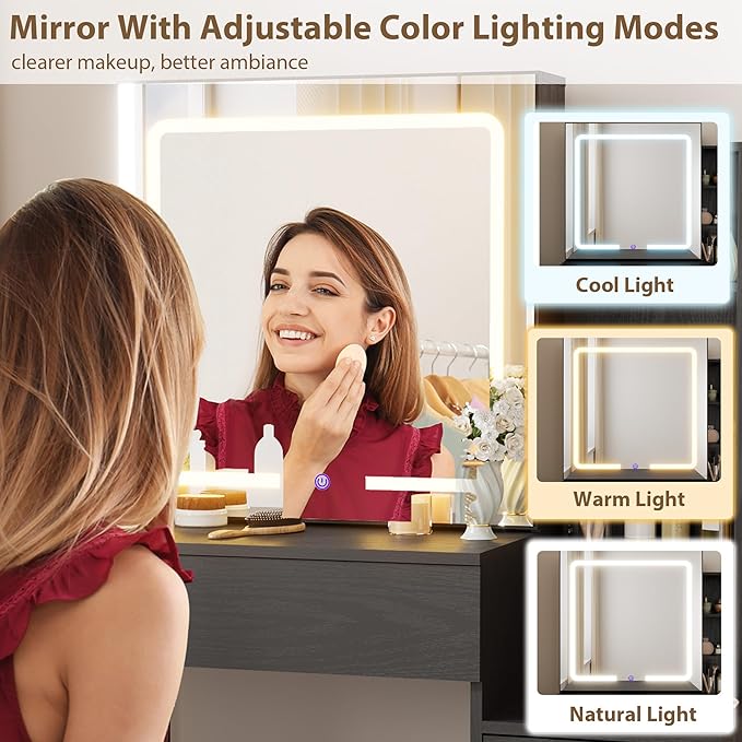 GarveeHome Makeup Vanity Desk with Sliding Mirror, Vanity Dressing Table with 3 Color Adjustable Lights, Girls Vanity Set with Stool, 4 Compact Vanity Drawers, Power Outlet, Black