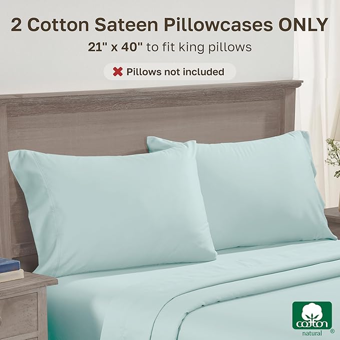 California Design Den King Pillow Cases Set of 2 - Premium 600 Thread Count, 100% Cotton King Pillow Cases, Breathable Sateen, Fits King Pillows - Aqua