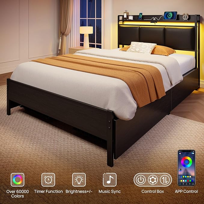 Rolanstar Bed Frame Twin Size with Charging Station and LED Lights, Upholstered Storage Headboard with Drawers, Heavy Duty Metal Slats, No Box Spring Needed, Easy Assembly, Black
