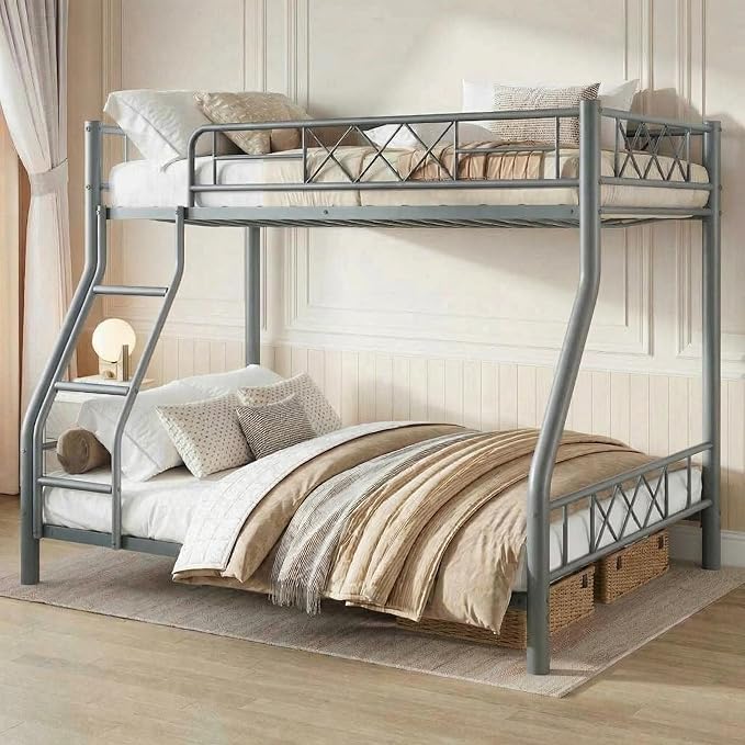 Garvee Twin Over Full Metal Bunk Bed, Heavy Duty & Sturdy Construction for Quiet Use, Includes Ladder & Guardrails, No Box Spring, Space Saver, Gray