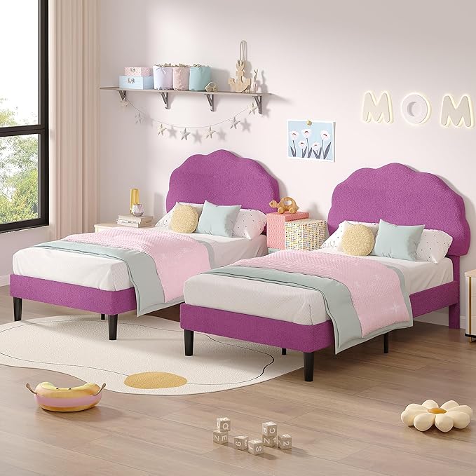 VECELO 2 Set Twin Size Bed Frame, Upholstered Platform Bedframe with Height Adjustable Plush Fabric Headboard, Strong Wood Slat Supports, No Box Spring Needed, Purple