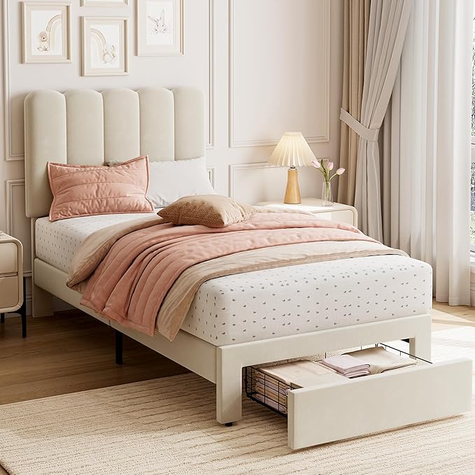 GarveeHome Twin Bed Frame with Under-Bed Drawer, Upholstered Platform Bed with Wave Headboard for Kids/Girls, Wooden Slats Support, No Box Spring Needed, Beige