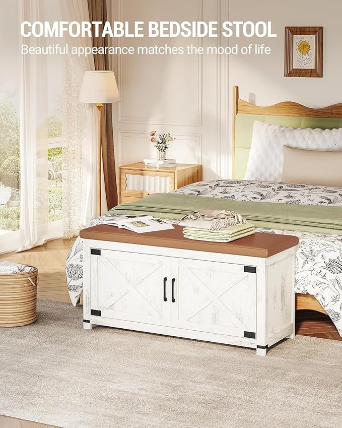 Hzuaneri Shoe Storage Bench, 2 Tier Shoe Bench with Padded Seat Cushion & 2 Barn Doors, Entryway Bench with Adjustable Shelf, Farmhouse Shoe Cabinet for Living Room, Bedroom, Antique White SB26614KA