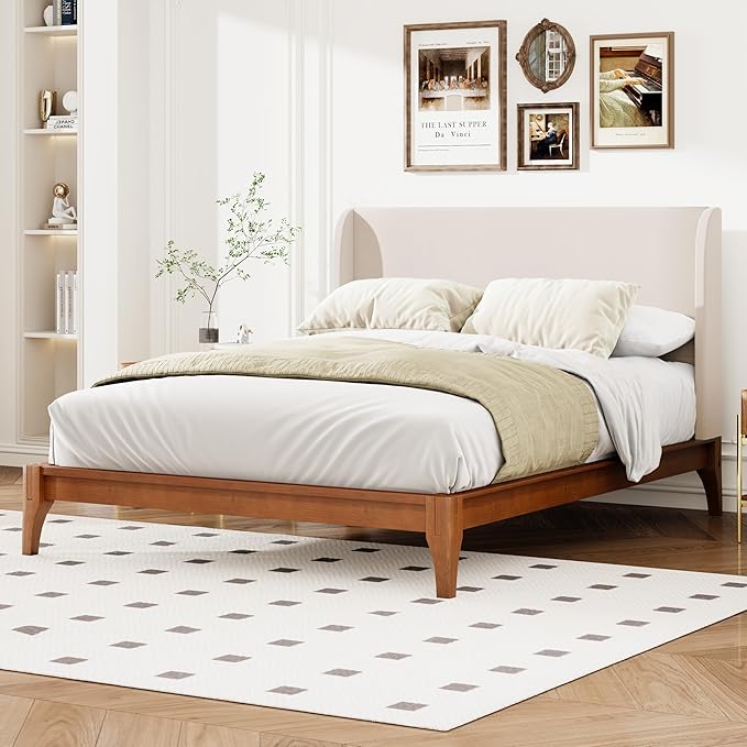 Merax Queen Size Bamboo Platform Bed, Mid-Century Bed Frame with Tall Upholstered Headboard, Wood Slat Support, No Box Spring Needed, Easy Tool-Free Assembly, Beige+Brown