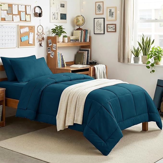 CozyLux Twin XL Comforter Set Lyons Blue, 5 Pieces Twin Extra Long Bed in a Bag for College Dorm, All Season Bedding Set with Stitch Quilted Comforter, Flat Sheet, Fitted Sheet, Pillowcases