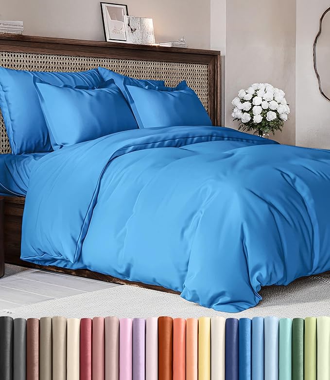 Duvet Cover Queen Size Set - Extra Soft Queen Duvet Cover 90" x 90" with 2 Pillow Shams - Hotel Luxury, Easy Care & Fade Free w/ Zipper Closures & Ties - All Season, Comfy & Breathable (Royal Blue)