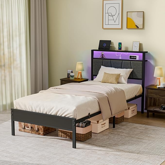 Z-hom Storage Headboard with Charging Station Twin Bed Frame, LED Bed with Upholstered Headboard and Footboard, Metal Platform Bed with 2-Tier Shelves, Easy Assembly, No Box Spring Needed, Noise Free