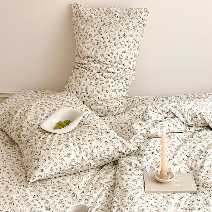 mixinni Boho Floral Girls Duvet Cover Set King Size Soft Cotton Comforter Cover Set Farmhouse Shabby Chic Flower Duver Cover for Women, 1 Cute Floral Duver Cover and 2 Pillowcases for All Seasons