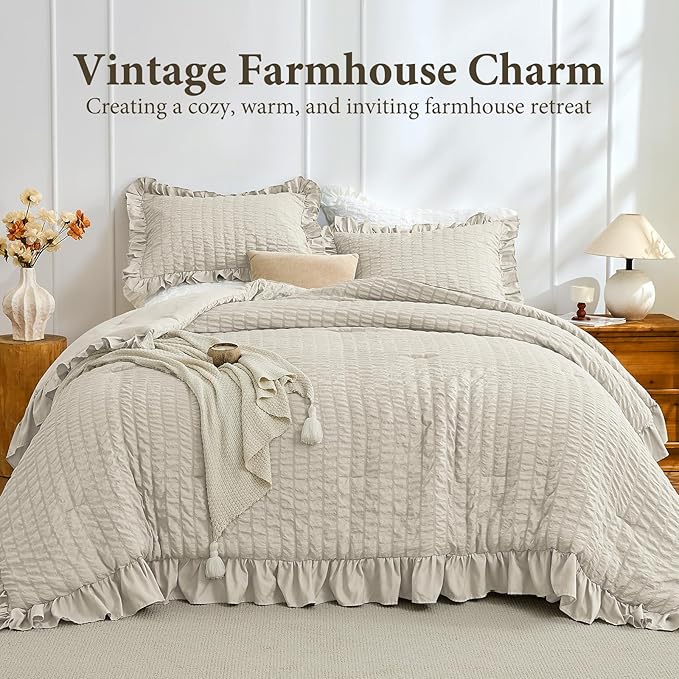JOLLYVOGUE Twin Size Comforter Set, 2 Pieces Oatmeal Seersucker Lightweight Fluffy Bedding Set, Twin Ruffle Comforter, All Season Soft Microfiber Shabby Chic Bed Set