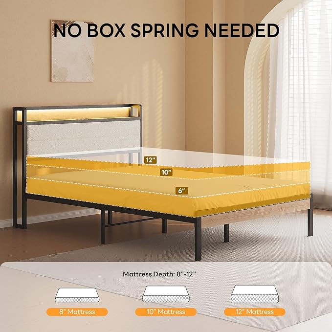 LIKIMIO Full Bed Frame with Storage Headboard and LED Lights, Metal Platform Bed with Charging Station, Noise Free, No Box Spring Needed, Under Bed Storage, Natural and Cream