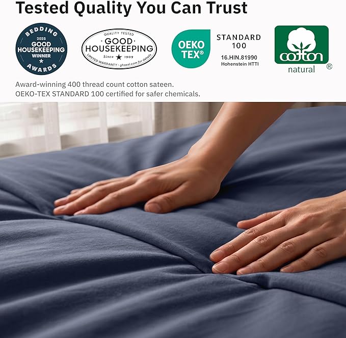 Natural 100% Cotton Duvet Cover Twin/Twin XL Only - Premium 400 Thread Count, Soft Sateen Weave, Breathable Duvet Cover, Button Closure and Corner Ties - Indigo Dusty Blue