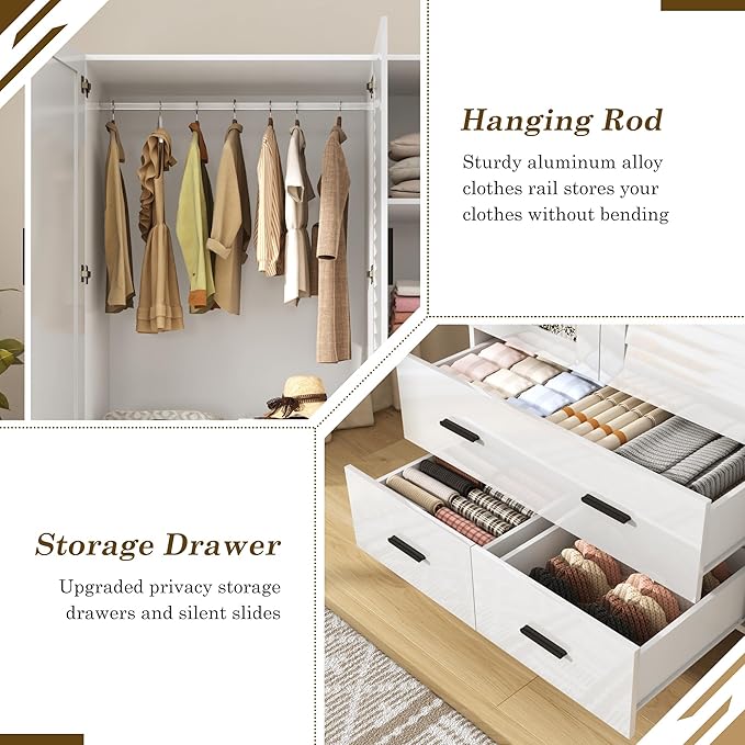 jiteentarou 3 Door Armoire Wardrobe Closet Cabinet with Drawers and LED Lights, Multi-Tier Shelves, Hanging Rod & 3 Louver Doors, Large Capacity Storage Wardrobe Armoire for Bedroom(3 Doors White)
