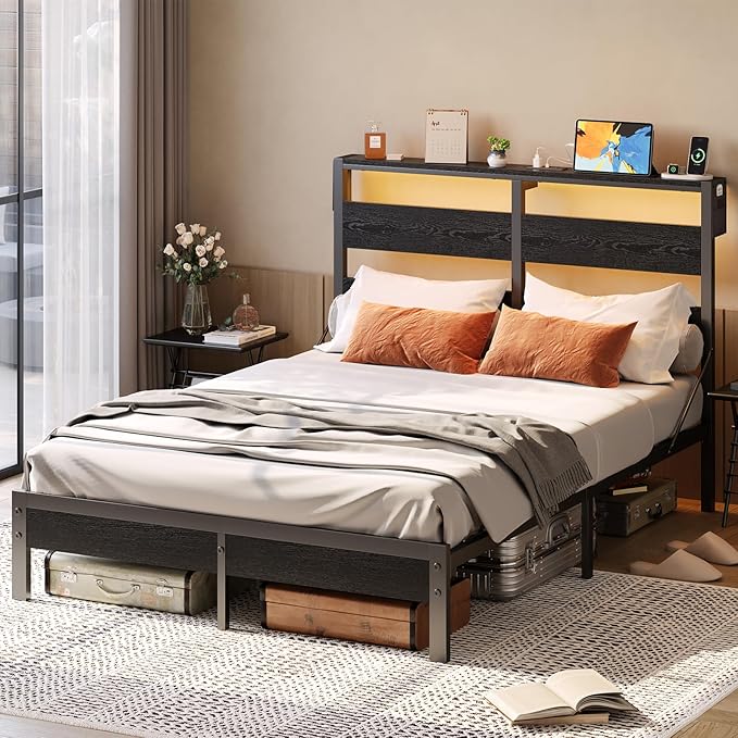 Bestier Queen Size Bed Frame with Headboard and Charging Station, Black Queen Bed Frame with LED Light, Non-Slip Platform Bed Frame Queen Size, Noise-Free, Easy Assembly, Black