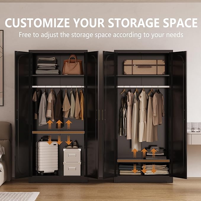 Polup Metal Armoire Wardrobe Closet with Hanging Rod, 71" Tall Wardrobe Cabinet for Clothes, Black Clothing Storage Cabinet with Doors and Shelves, Large Wardrobes for Bedroom, Office, Employee