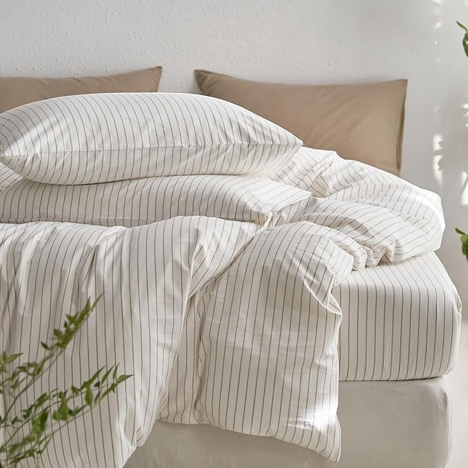 MooMee Striped Duvet Cover Set 100% Washed Cotton Linen Like Textured Breathable Durable Soft Comfy (White Tannish Linen Grey Wide Stripes, Super King Plus 120"x120")