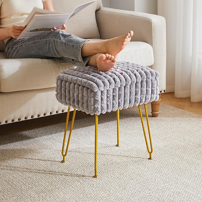 IBUYKE Rectangle Vanity Chair with Storage Space, Footrest Footstool Ottoman, Vanity Stool, Dressing Table Chair, with Anti-Slip Feet, for Makeup Room, Bedroom, Square Grid Pattern, Grey WBD004G