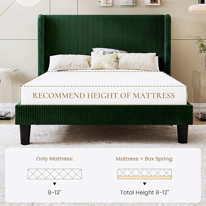 SHA CERLIN Full Size Corduroy Upholstered Platform Bed Frame with Vertical Channel Tufted Wingback Headboard, 8" Under Bed Storage, Wooden Slats & Metal Frame Support, Easy Assembly, Dark Green
