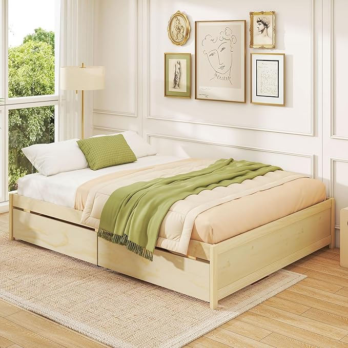 Giantex Queen Size Bed Frame with 2 Storage Drawers, Solid Wood Platform Bed with Slats Support, Heavy Duty Daybed with Storage, No Box Spring Needed, Queen Bed Frames for Teens Adults, Natural