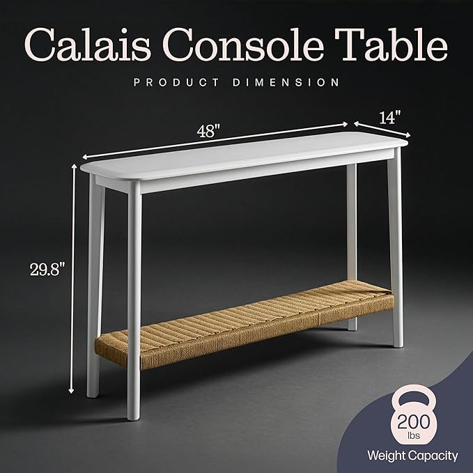 Alaterre Furniture Calais 48 Inch Wooden Console Table with Woven Storage Shelf – Mid Century Modern 2-Tier Entryway or Sofa Table for Living Room, Hallway, or Foyer (White)