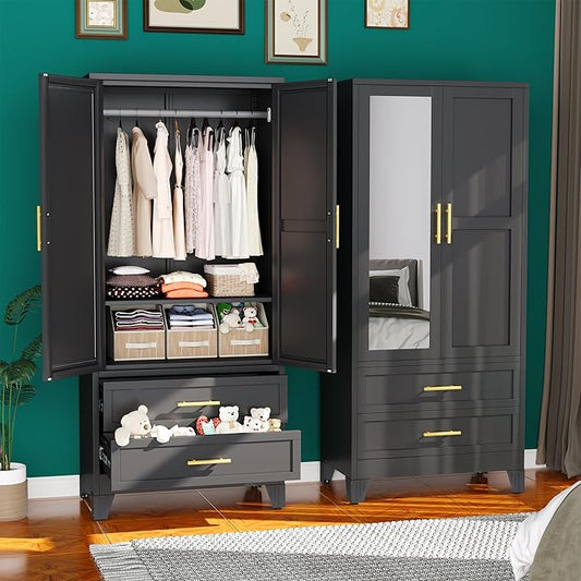erosoei Metal Armoire Wardrobe Closet, 71 "Metal Clothing Storage Cabinet with Mirror and Adjustable Shelves, Household Steel Wardrobe Storage Cabinet with 2 Drawers and Hanging Rod(Armoire-Black)