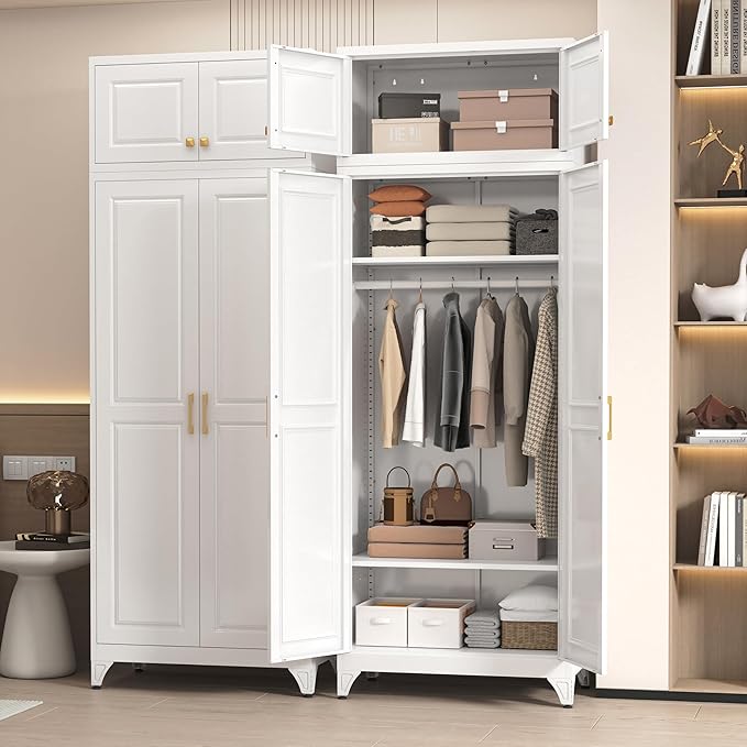 86" Metal Wardrobe Cabinets,Armoire Wardrobe Closet with Hanging Rod,Clothes Storage Cabinet with Adjustable Shelves and Doors,Clothing Cabinet for Bedroom, Laundry Room,Office