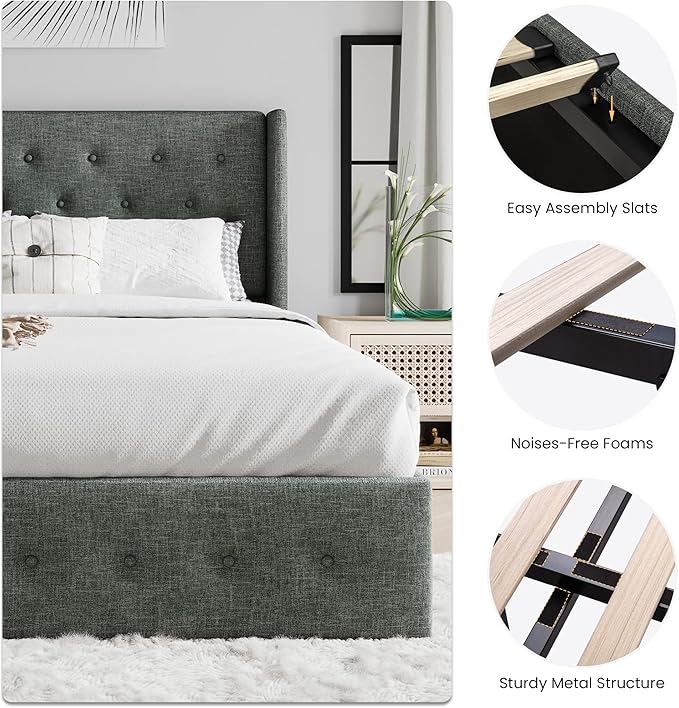 SHA CERLIN Queen Size Lift Up Storage Bed Frame,Button Tufted Wingback Headboard,Upholstered Platform,Hydraulic Storage,Wooden Slat Support,No Box Spring,Dark Grey
